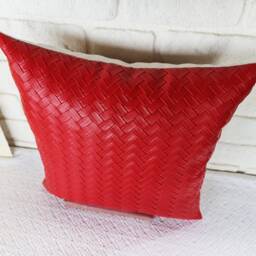 Red Wicker Mesh Faux Leather Pillow Cover - Scandinavian Modern Decor - thumbnail 2