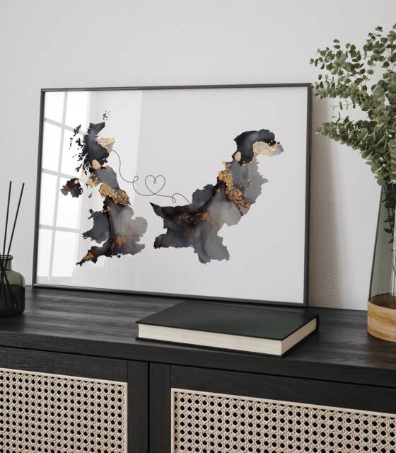 Britain & Pakistan Map Black & Gold Travel Wall Art Print - United Kingdom UK - image 1