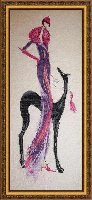 Handmade Cross Stitch Girl With Dog, Framed Wall Decor - 26x59 cm - image 1