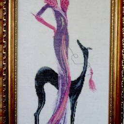 Handmade Cross Stitch Girl With Dog, Framed Wall Decor - 26x59 cm - thumbnail 2
