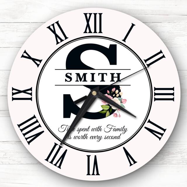 Floral Family Initial Pink Personalised Gift Clock - image 1