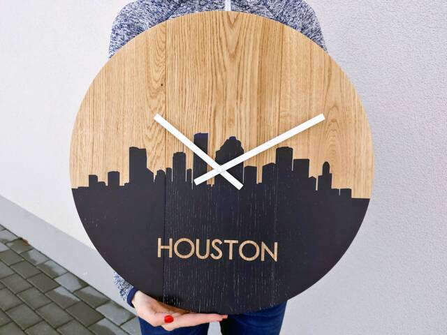 Wall Clock - Large Silent Wood Clock With City Houston, Personalized Clock, Goft -Oak 19 - image 1