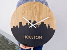Wall Clock - Large Silent Wood Clock With City Houston, Personalized Clock, Goft -Oak 19
