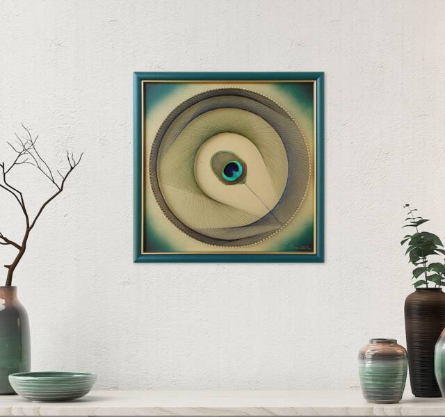 Peacock Feather String Art - Green Gold Framed Zen Wall Decor - image 1