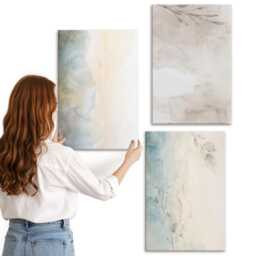 Canvas Art Set Of 3 - Delicate Cardboards Watercolor Paints, Creamy Photo Print, Natural Textures Wall Decor - thumbnail 3