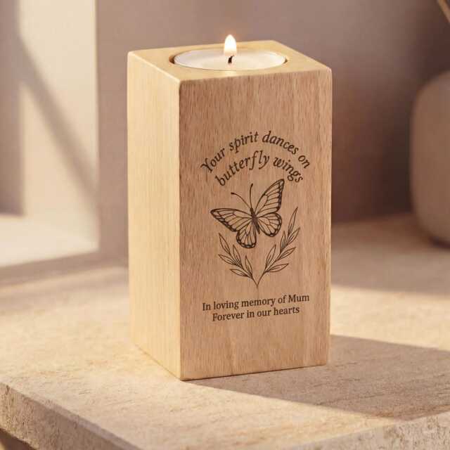 Personalised Butterfly Memorial Candle Gift - Engraved Wooden Tealight Holder - image 1
