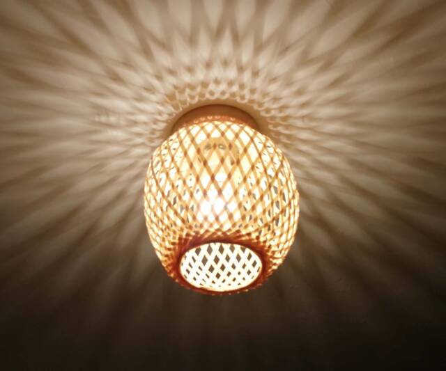 Bamboo Shade Flush Mount Lighting Fixture With Oak Wood Base - image 1