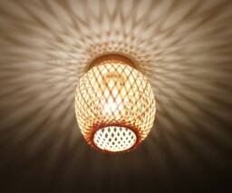 Bamboo Shade Flush Mount Lighting Fixture With Oak Wood Base - thumbnail 1
