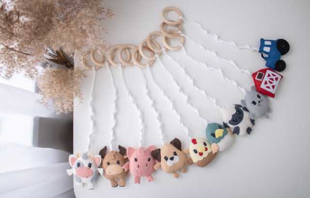 Farm Animals Play Gym Toys Hanging, Baby Activity Centre, Domestic Toys, Montessori First Infant Toy, Farm Felt Hanging Toy - image 1
