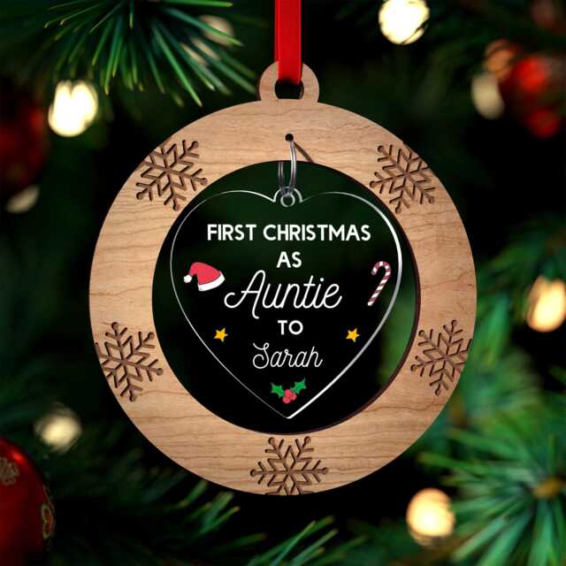 Personalised First Christmas As Auntie Bauble, Decoration Ornament, Gift, From Niece Nephew, With Red Bag - image 1