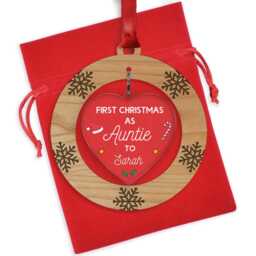 Personalised First Christmas As Auntie Bauble, Decoration Ornament, Gift, From Niece Nephew, With Red Bag - thumbnail 2