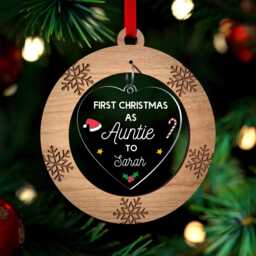 Personalised First Christmas As Auntie Bauble, Decoration Ornament, Gift, From Niece Nephew, With Red Bag - thumbnail 1