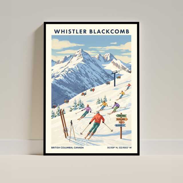 Whistler Blackcomb, Canada Skiing Travel Poster - Vintage Illustration Ski Resort Art Print Gift - image 1