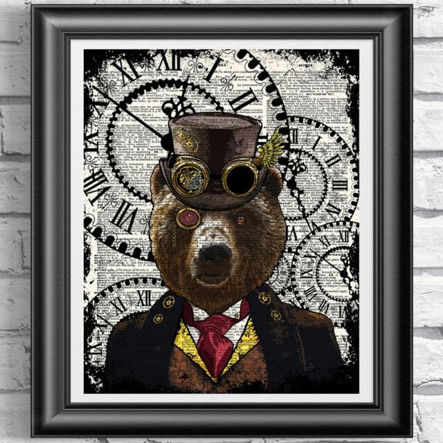 steampunk Art Print, Bear Book Page Wall Decor Poster, Dandy Top Hat Poster Dictionary - image 1