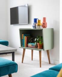 Mid Century Record Player Stand Sage Green, Vinyl Storage Cabinet With Wooden Legs, Retro Turntable Stand, Handmade Modern Furniture UK - thumbnail 1