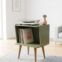 Mid Century Record Player Stand Sage Green, Vinyl Storage Cabinet With Wooden Legs, Retro Turntable Stand, Handmade Modern Furniture UK - thumbnail 3