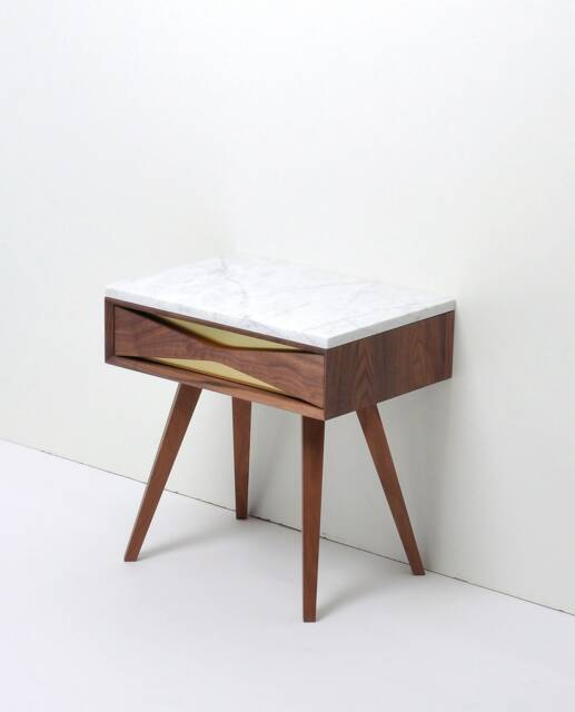Mid Century Modern Walnut Nightstand, Marble Top, Brass Drawer - image 1