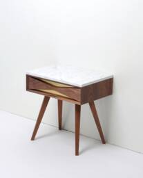 Mid Century Modern Walnut Nightstand, Marble Top, Brass Drawer