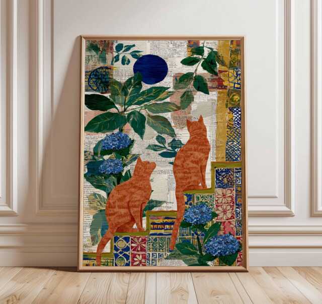 Boho Cat Collage Poster, Abstract Botanical Wall Art Print, Colorful Animal Artwork, Modern Bohemian Decor, Vibrant Nature Design - image 1