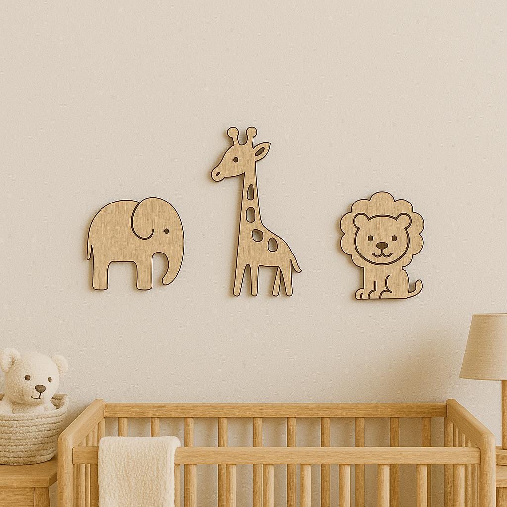Safari Nursery Decor Wooden Elephant, Giraffe Lion Wall Art by