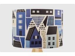 Handmade Lampshade Blue Black Townscape Fabric Drum, Scandi Modern Houses Light Shade For Table/Floor Lamp Or Ceiling Pendant