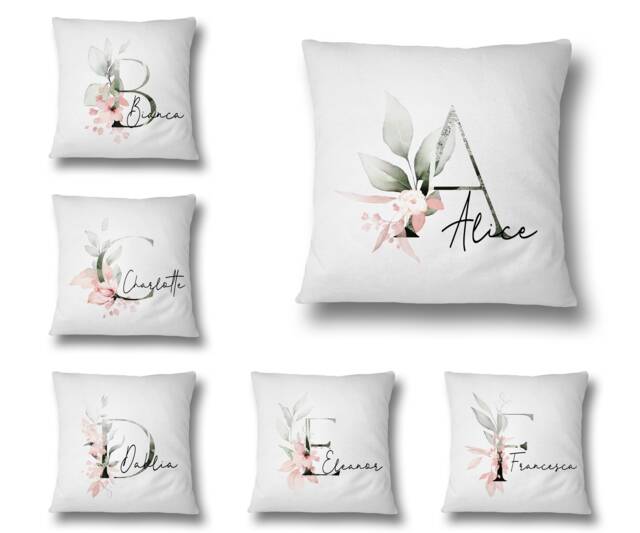 Personalised Gentle Botanical Blush Pink Name Initial Letter Filled Cushion Cover - image 1