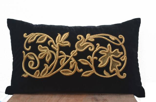 Scroll Embroidery Pillow, French Pillow Cover, Velvet Case, Black Gold Lumbar Hand Embroidered - image 1