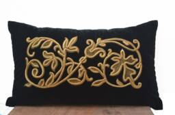 Scroll Embroidery Pillow, French Pillow Cover, Velvet Case, Black Gold Lumbar Hand Embroidered - thumbnail 1