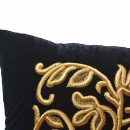 Scroll Embroidery Pillow, French Pillow Cover, Velvet Case, Black Gold Lumbar Hand Embroidered - thumbnail 3