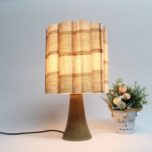 Checkered Fabric Table Lamp Khaki Shade, Ceramic Base-88# - image 1