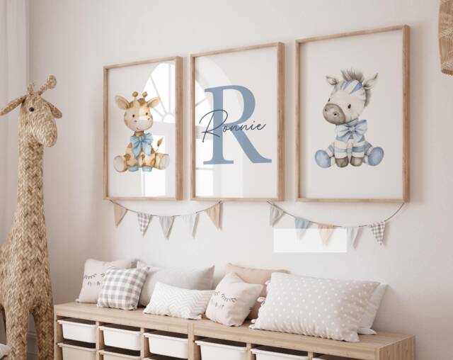 Set Of 3 Blue Animal Nursery Prints Safari Bedroom Decor, Personalised Boys Room - image 1