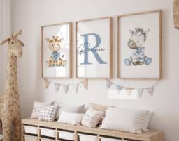 Set Of 3 Blue Animal Nursery Prints Safari Bedroom Decor, Personalised Boys Room - thumbnail 1