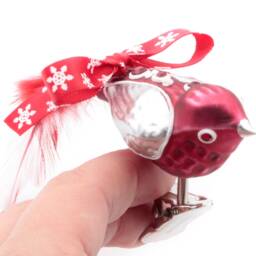 Set 6 Blown Glass Red Silver Bird Christmas Tree Ornaments Feather Tail Handmade in Czech - thumbnail 4