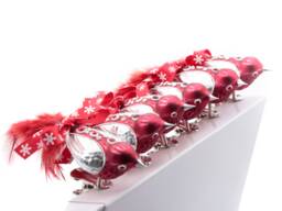 Set 6 Blown Glass Red Silver Bird Christmas Tree Ornaments Feather Tail Handmade in Czech