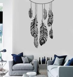 Wall Vinyl Decal Dreamcatcher Dream Catcher Ethnic Bedroom Feather Decor Mural Art 1488Dz - thumbnail 1