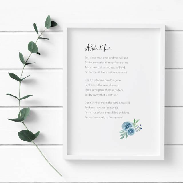 Sympathy Gift - A Silent Tear Poem Print - Unframed Sorry For Your Loss Condolences Present Remembrance & Memorial Funeral Sign - image 1
