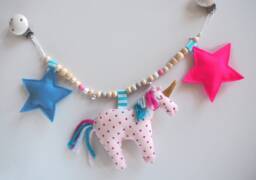 Stroller Necklace, Unicorn, Sewn, Felt, Embroidered, With Wooden Beads, Stars, Baby Toys