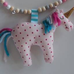 Stroller Necklace, Unicorn, Sewn, Felt, Embroidered, With Wooden Beads, Stars, Baby Toys - thumbnail 3