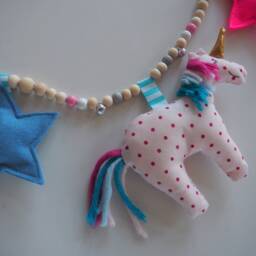 Stroller Necklace, Unicorn, Sewn, Felt, Embroidered, With Wooden Beads, Stars, Baby Toys - thumbnail 2