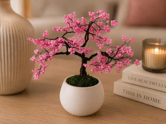 Handmade Wire Cherry Blossom Bonsai Tree - Pink Seed Bead Home D??cor - image 1