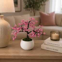 Handmade Wire Cherry Blossom Bonsai Tree - Pink Seed Bead Home D??cor - thumbnail 2