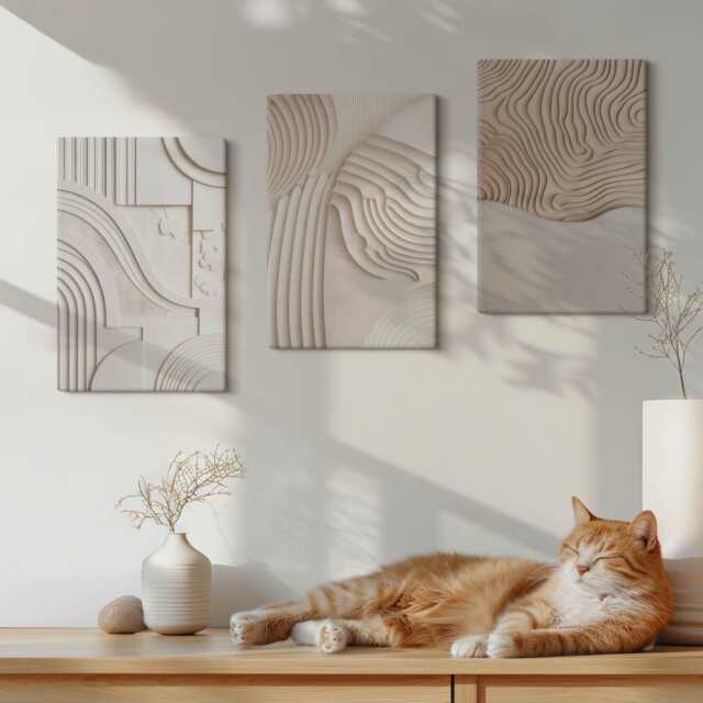 Canvas Art Set Of 3 - Patterns in Shades Beige & White, Brown Photo Print, Natural Textures Wall Decor - image 1