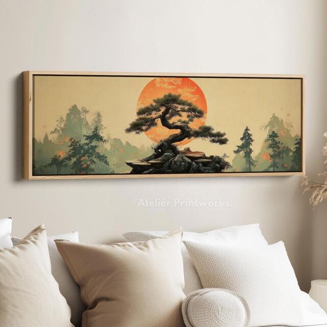 Narrow Nature Wall Art - Long Bonsai Tree & Sun Canvas, Asian Landscape Print For Calm Modern Home Decor