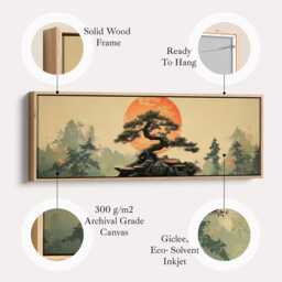 Narrow Nature Wall Art - Long Bonsai Tree & Sun Canvas, Asian Landscape Print For Calm Modern Home Decor - thumbnail 2
