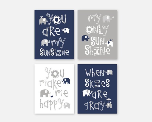 Elephant Artwork, Navy Blue Gray Art Prints, Wall Art, You Are My Sunshine, Baby Gift, Set Of 4 Prints - image 1