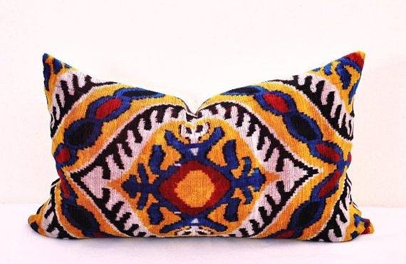 Luxury Silk Velvet Ikat Pillow Cover, Handloom Accent Decor - image 1