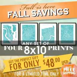 Map Art Prints Set Of 4 - 8x10 Choose Your City & Color