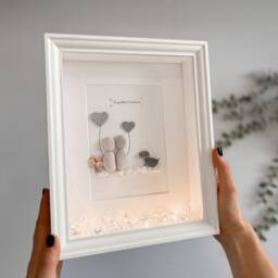 Personalised Pebble Art Picture Frame Couple With Dog Rock Art Anniversary Birthday Vow Renewal Wedding Gift - thumbnail 1