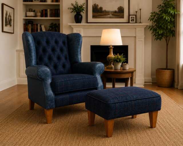 Handmade Wingback Armchair, Italian Blue Leather & Royal Harris Tweed, Chesterfield Style UK Made - image 1