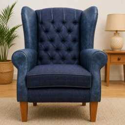 Handmade Wingback Armchair, Italian Blue Leather & Royal Harris Tweed, Chesterfield Style UK Made - thumbnail 3